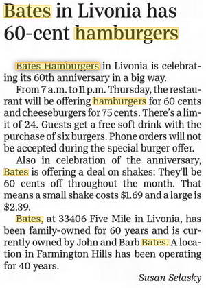 Bates Hamburgers - 2019 Article On 60Th Anniversary